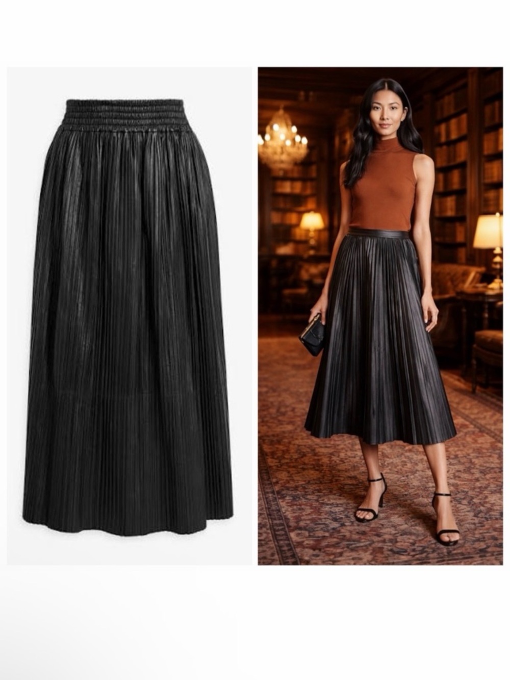 Gabriela Hearst Black Midi Skirt Leather Pleated High Waist XS Work Formal 🟡